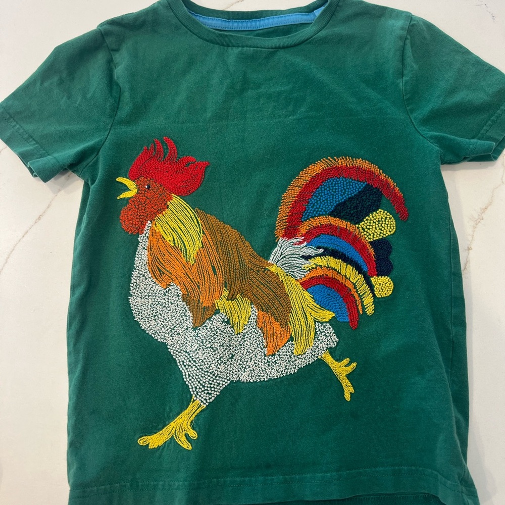 Mini Boden Forest Green Short Sleeve Tee with Colorful Rooster Design